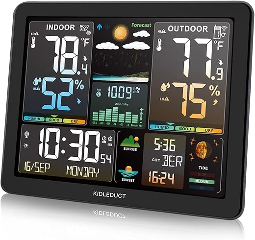 Weather Station Wireless Indoor Outdoor Thermometer, 8.5 Large Color Atomic Clock with Sunrise Sunset Time, 5 Levels of Backlight, Weather Forecast/Barometer Run Chart, Moon Phase, Tide