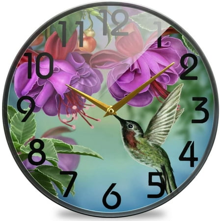 Wellsay 3D Spring Hummingbird Blooming Flower Print Round Wall Clock, 12 Inch Silent Battery Operated Quartz Analog Quiet Desk Clock for Home,Office,School,Kitchen