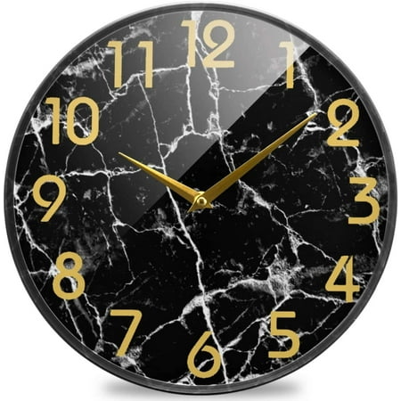 Wellsay 3D Stylish Black Marble Stone Print Round Wall Clock, 9.5 Inch Silent Battery Operated Quartz Analog Quiet Desk Clock for Home,Office,School