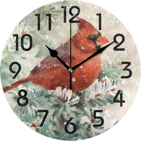 Wellsay Beautiful Winter Cardinal Bird Print Round Wall Clock, 9.5 Inch Battery Operated Quartz Analog Quiet Desk Clock for Home,Office,School