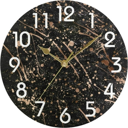 Wellsay Black Marble Print Round Wall Clock, 9.5 Inch Battery Operated Quartz Analog Quiet Desk Clock for Home,Kitchen,Office,School