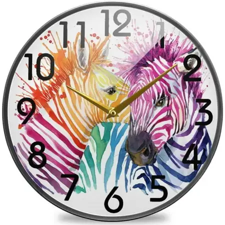 Wellsay Stylish Funny Zebra Rainbow Splashed Print Round Wall Clock, 9.5 Inch Silent Battery Operated Quartz Analog Quiet Desk Clock for Home,Office,School,Library