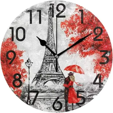 Wellsay Trendy Romantic Eiffel Tower Paris Painting Print Round Wall Clock, 9.5 Inch Battery Operated Quartz Analog Quiet Desk Clock for Home,Office,School