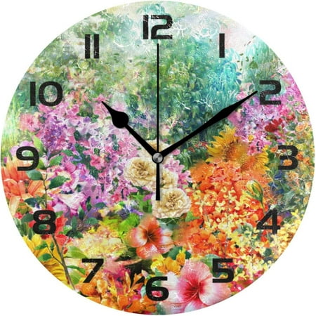 Wellsay Wall Clocks Decorative Bedroom Silent Kitchen Living Room Desktop Modern Abstract Flowers Watercolor Spring Multicolored Tabletop Shelf Clocks Round Battery Operated 10 Inch Non-Ticking