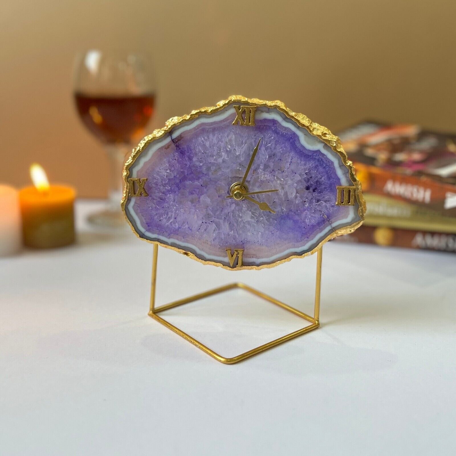 White Crystal Agate Desktop Clock with Metal Stand Antique Style Table Clock