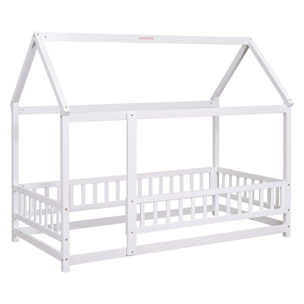 White Twin Size Wood House Floor Bed with Fence Guardrails Playhouse Bed...