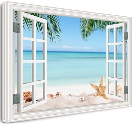 Window View Beach Canvas Wall Art- Nature Landscape Canvas Print Pictures Painting Artwork Framed for Living Room Bedroom Bathrom Offce Decor-24x36