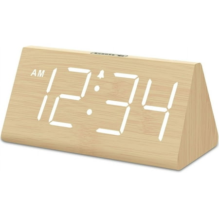 Wooden Digital Alarm Clocks Bamboo-White Desk Clock Adjustable Volume USB Port - Bedroom Clock with Battery Backup & Dimmer - DreamSky