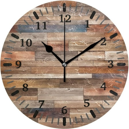 Wooden Floor Silent Non-Ticking Wall Clock, 10 Inch Battery Operated Round Clock Easy to Read Modern Wall Clock for Kitchen Bedroom Living Room Decorative Home Decoration