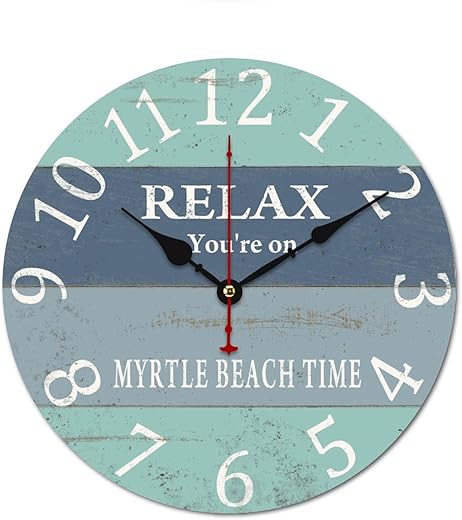 Wooden Wall Clocks Silent Non-Ticking, Relax You're On Beach Time Vintage Rustic Chic Style Clocks Home Wall Clocks Decor for House Farmhouse Kids Room Housewarming Gift, Battery Operated (12in)