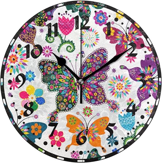 xigua Bohemian Butterfly Flowers Wall Clock, Silent Non Ticking 10 Inch Battery Operated Wall Clocks, Easy to Read Clock for Home Kitchen Living Room Bathroom Office Decor