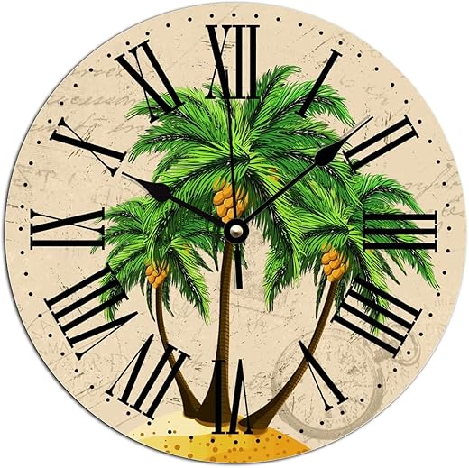 10x10in Tuscan Country Style Clock Vintage French Style Palm Tree PVC Clocks for Wall Summer Beach Decor Tropical Palm Wall Clocks Round Wall Clock Silent Clock for Home Office