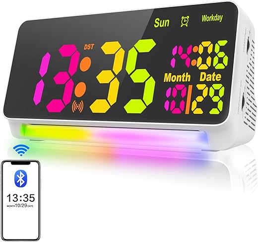 120db Super Loud Alarm Clock for Heavy Sleepers, Bluetooth Connection, 15 Wake Up Sounds, 7 Color Night Light, Dynamic RGB Color Changing, 0-100% Dimmer, Snooze, Digital Clock for Bedroom