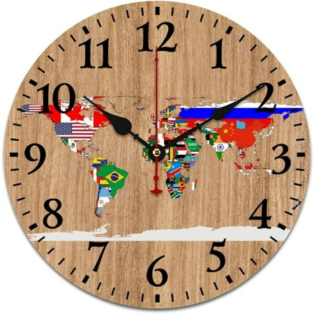 12 Inch Wooden Wall Clocks World Map Desk Clock Quartz Movement Arabic Numeral Vintage Abstract World Map Design Wall Clock For Kids Room And Kitchen Housewarming