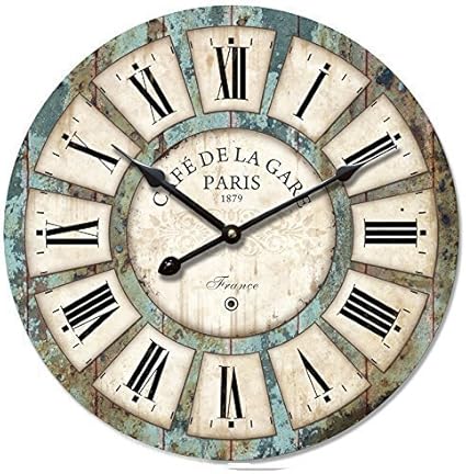 16-inch Vintage Wood Clock, French Country *Cafe De La Gare* Retro Style Non-Ticking Wooden Wall Clock (#03)