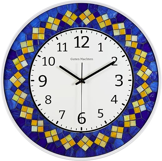 16.5'' Mosaic Blue Yellow Wall Clock Silent Non-Ticking Handmade Analog Colorful Decor Living Room Artistic (Yellow Square)