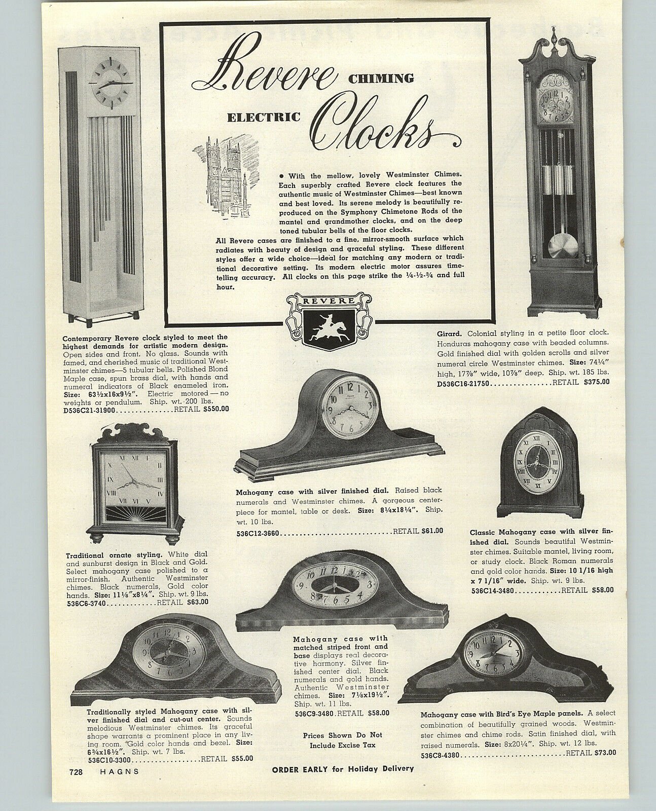 1956 PAPER AD 2 PG Herschede Revere Floor Grandfather Hall Clocks Banjo