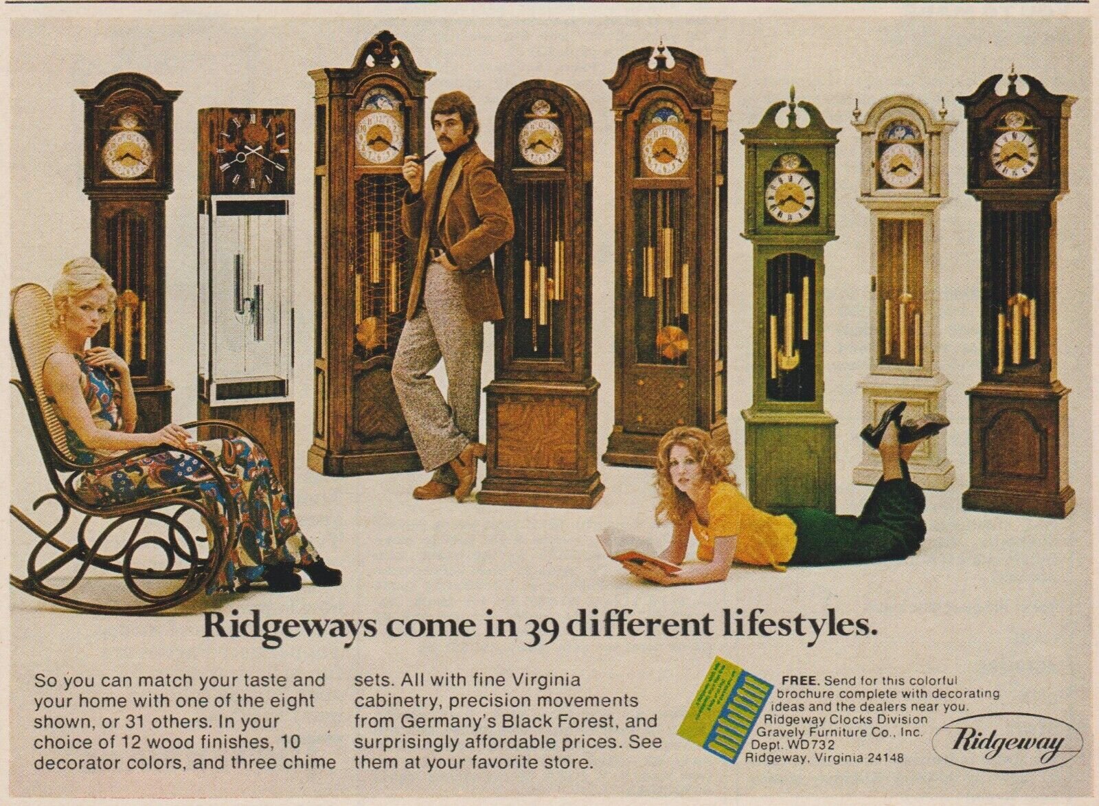 1973 Ridgeway Clocks - Grandfather Floor - Pretty Girl Models - Print Ad Photo