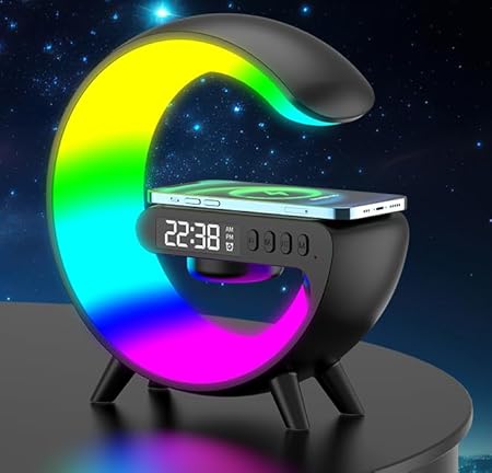 2024 New Multifunctional Bluetooth Speaker,Colorful Atmosphere Lamp,Wireless charging and Alarm Clock,Bedroom Bedside Lamp with charging station, Gifts for Kids,Teens,Young in Valentine Day(Black)