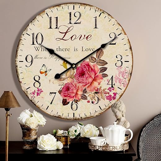 24 Inch Wooden Wall Clocks Love Rose Vintage Wall Clock Large Farmhouse Clocks French Clocks Retro Rustic Wall Clock Silent Scan Non-Ticking for Home Living Room Bedroom Kitchen