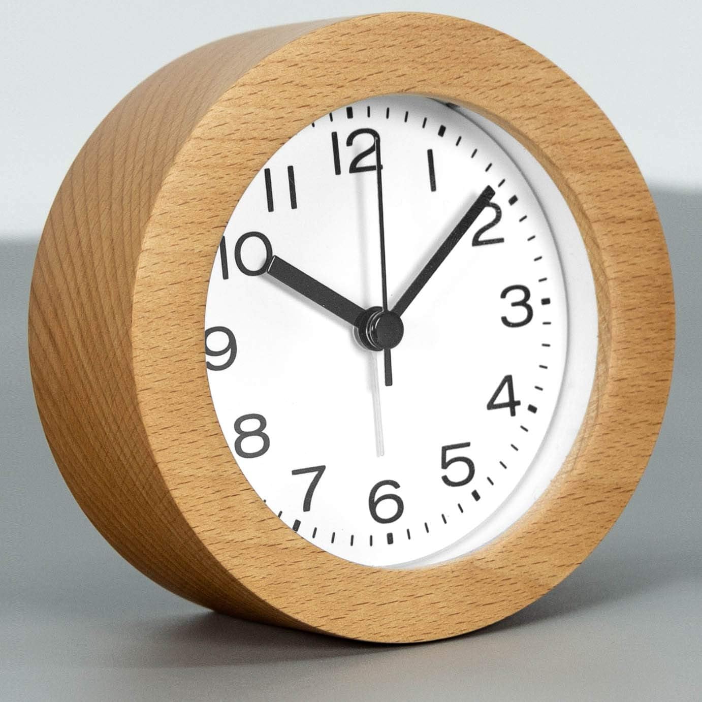 3-Inches Round Wooden Alarm Clock with Arabic Numerals, Non-Ticking Silent, Backlight, Battery Operated, Nature