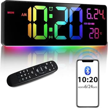 16 Bluetooth Large Digital Wall Clock/Auto Time Sync, 10 RGB Colors Digital Clock Large Display with Remote, Auto-Dimming/DST, Calendar, Timer, Alarm, 6 Night Lights Big Digital Clock for Decor