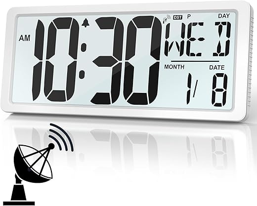 [2024 New] Atomic Clock/Never Needs Setting, Battery Operated, 15 Digital Clock Large Display with Backlight, DST, Date, Day & Temperature, Large Digital Wall Clock for Home, Bedroom, Office Use