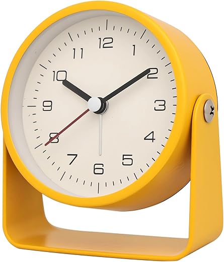 3 Analog Alarm Clock - Silent Non Ticking Small Clock, Rotatable Stand Metal Desk Clock, Simple Design for Living Room Decor/Bedroom/Bedside/Shelf (Yellow)