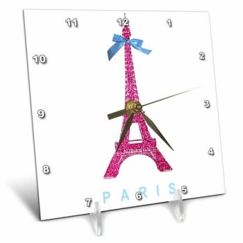 3dRose Hot Pink Eiffel Tower from Paris with girly blue ribbon bow - White stylish Parisian France souvenir, Desk Clock, 6 by 6-inch