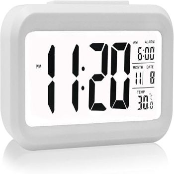 Alarm Clock,Travel Alarm Clock,Battery Operated Smart Backlight Alarm Clock, Large LCD Display Slim LED Clock (with Date,Temperature,Snooze), for Office Bedroom Travel(White)