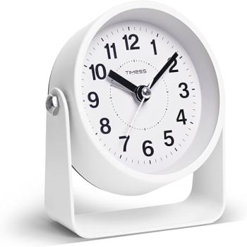 Analog Alarm Clock, Silent Non-Ticking Quartz Movement, Battery-Operated with Snooze & On-Demand Light, Easy to Set Gentle Wake Bedside Desk Clock, Ideal for Home, Travel, Office (White)