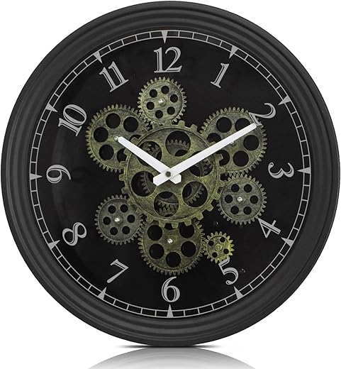 CLXEAST 15 Inch Real Moving Gear Wall Clock, Vintage Industrial Steampunk Wall Clock, Metal Black Wall Clock for Living Room Decor,Kitchen, Home Office