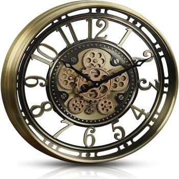 CLXEAST Industrial Moving Gears Wall Clock,Modern Farmhouse Arabic Numeral Battery Operated Silent Wall Clock for Living Room Decor, Wall Art,Wall Decor, Brushed Gold (21 Inch)