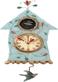 Enesco Allen Designs Birdhouse with Flowers Cuckoo Wall Clock - Battery Operated Pendulum Analog Clock, Stone Resin Decorative Clocks for Walls Home Decor Kitchen Clocks, 14.9 Inch