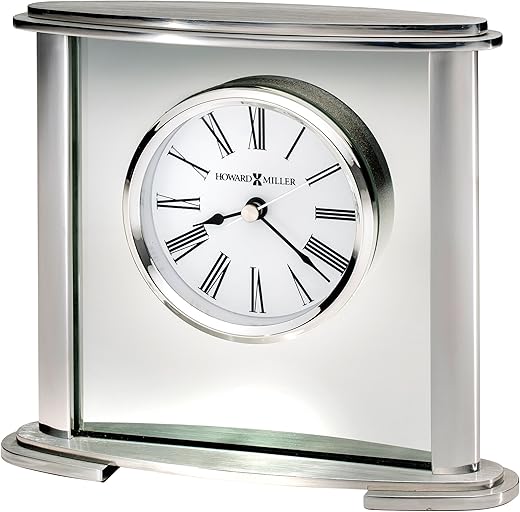 Howard Miller Glenmont Table Clock 645-774 – Metal Glass Oval Shape with Glass Center, Brushed Silver Finish, Traditional Roman Numerals, Quartz Movement