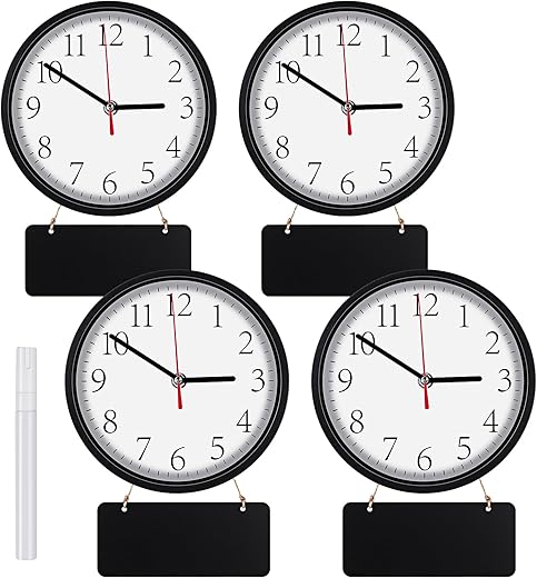 Inbagi 4 Pieces Wall Clocks Set Include Quartz Wall Clock Battery Operated Round Clock with 4 Pieces Hanging Chalkboard and White Marker Pen for Hotel Office Home Room Kitchen(8 Inch,Black)