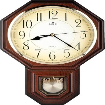 JUSTIME Traditional Schoolhouse Arabic Pendulum Wall Clock Chimes Hourly with Westminster Melody Made in Taiwan, 4AA Batteries Included (PP0258-ADW Dark Wood Grain)