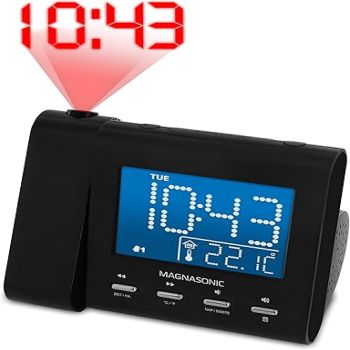 Magnasonic Projection Alarm Clock with AM/FM Radio, Battery Backup, Auto Time Set, Dual Alarm, Nap/Sleep Timer, Indoor Temperature/Date Display with Dimming & 3.5mm Audio Input - Black (EAAC601)