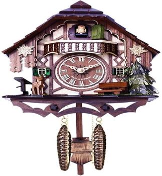 River City Clocks 10 Quartz 12 Melody Cuckoo Cottage with Deer, Water Pump, and Tree Wall Clock, Brown