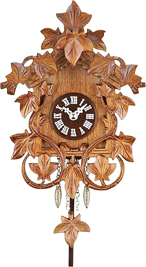 River City Clocks 7 Quartz Novelty Hand-Carved Vines and Leaves, Cuckoo Chime Wall Clock, Brown