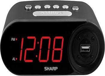 SHARP Digital Easy Read Alarm Clock with High-Speed USB Charging for Phones, Tablets - Simple Operation, Midnight Black