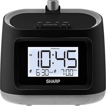 Sharp LCD and Projection Alarm Clock with 8 Soothing Nature Sleep Sounds – Project onto Wall or Ceiling, Black with Gunmetal Trim