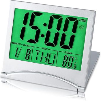 Small Digital Travel Alarm Clock Battery Operated, Portable LCD Large Display Alarm Clock with Backlight, Temperature Desk Clock -Silver(Green Light)