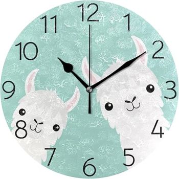 susiyo Animal Cute Llama Alpaca Wall Clock Silent Round Wall Clock Non Ticking Battery Operated Creative Decorative Clock for Kids Living Room Bedroom Office Kitchen Home Decor