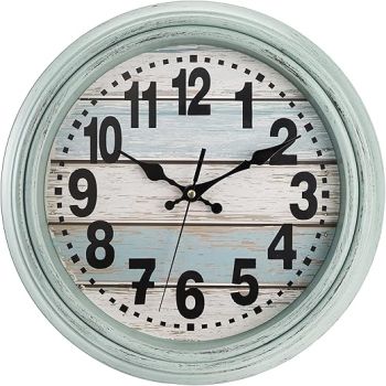 ZENFUN 12'' Rustic Wall Clock, Silent Non Ticking Clock Quartz Wall Clock Battery Operated, Country Style Wall Decoration for Kitchen Living Room Home, Office, School, Large Numbers, Green