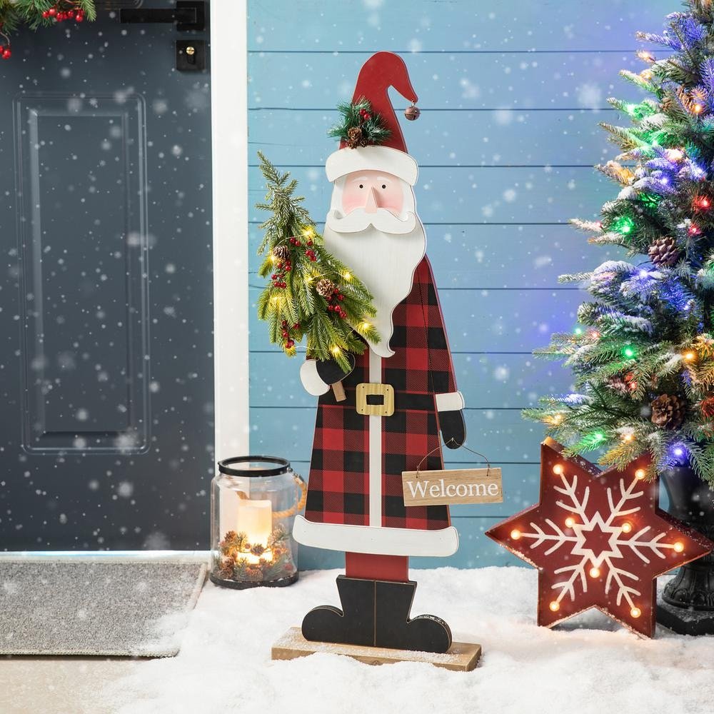 36 in. H Lighted Wooden Santa Porch Decor Christmas Yard Decor (KD)