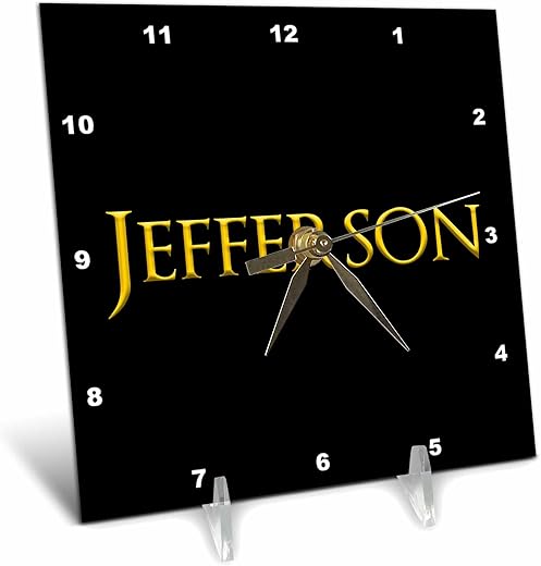 3dRose 6x6 Desk Clock - Jefferson Classic boy Baby Name in America. Yellow on Black Charm Alexis Design - Popular Male Names in USA