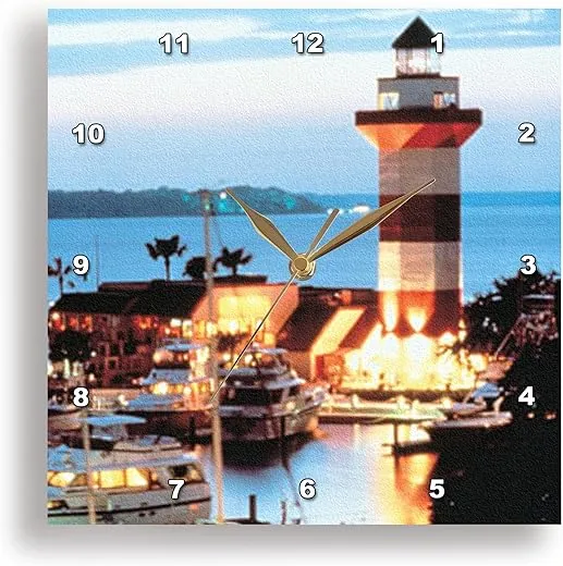 3dRose DPP_61725_3 Harbor Town Lighthouse at Hilton Head Island at Dusk Wall Clock, 15 by 15-Inch