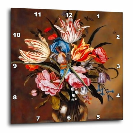 3dRose Vintage Flowers in a Vase by Dutch artist Abraham Bosschaert from 1632 - Wall Clock, 10 by 10-inch