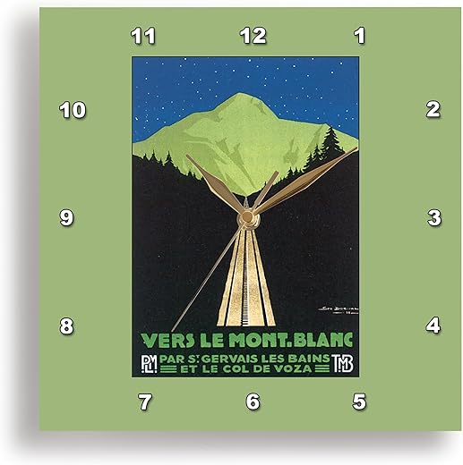 3dRose Wall Clock Silent - 13 inch - Vers Le Mont.Blanc Paris Roadway with Mountains Below a Starry Sky - BLN Vintage Travel Posters and Luggage Tags